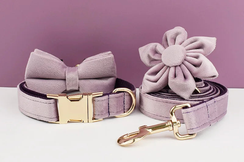 Light Purple Velvet Dog Collar And Leash Set - Custom Engraved Nameplate