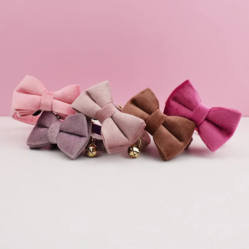Velvet Cat Collar Bell & Bow Tie With Custom Engraving