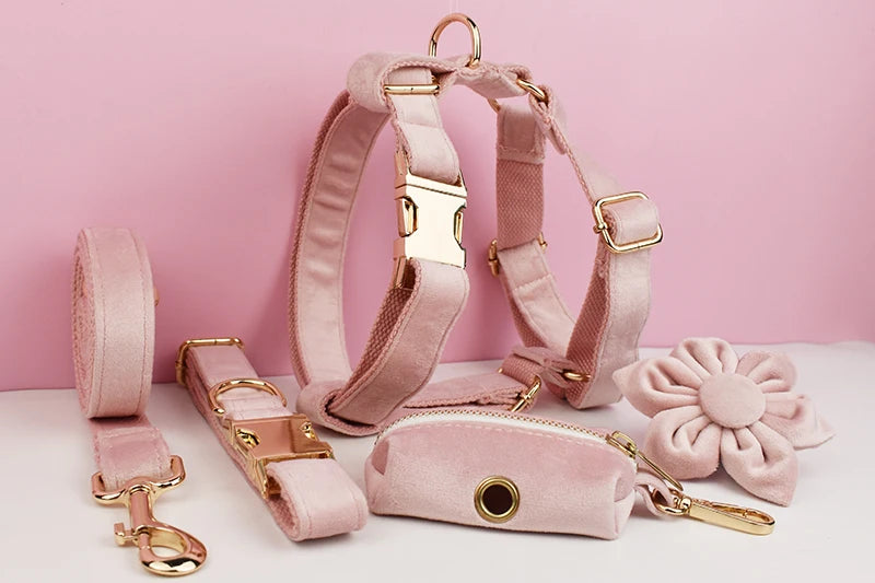 Pale Pink Velvet Dog Collar And Leash Set