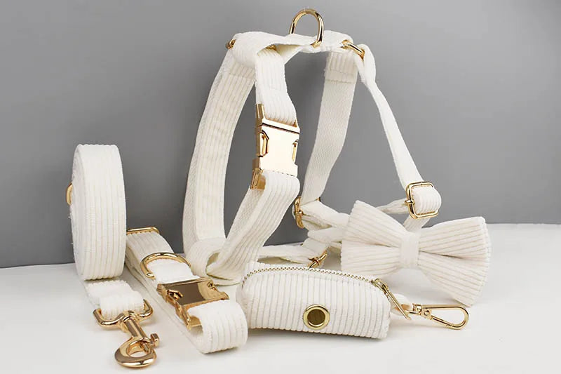 White Corduroy Pet Collar And Leash Set With Custom Engraved Nameplate