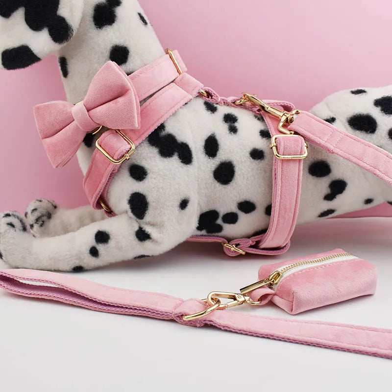 Pink Velvet Pet Collar & Leash Set with Custom Engraved Nameplate