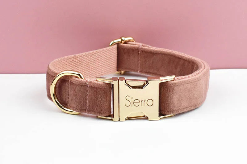 Dusty Pink Velvet Pet Collar And Leash Set with Nameplate