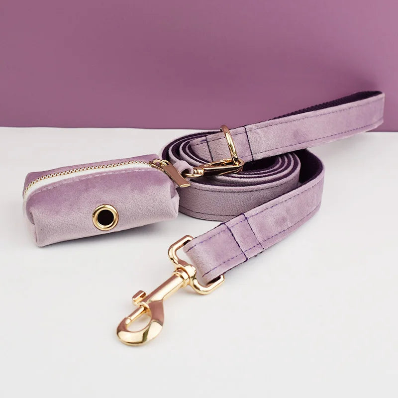 Light Purple Velvet Dog Collar And Leash Set - Custom Engraved Nameplate