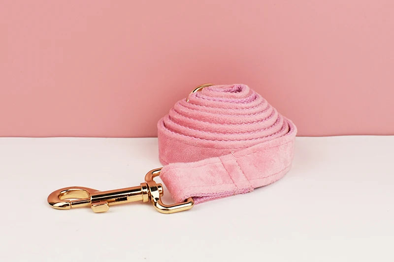 Pink Velvet Pet Collar & Leash Set with Custom Engraved Nameplate