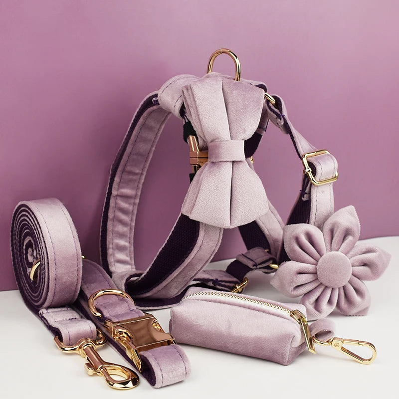 Light Purple Velvet Dog Collar And Leash Set - Custom Engraved Nameplate