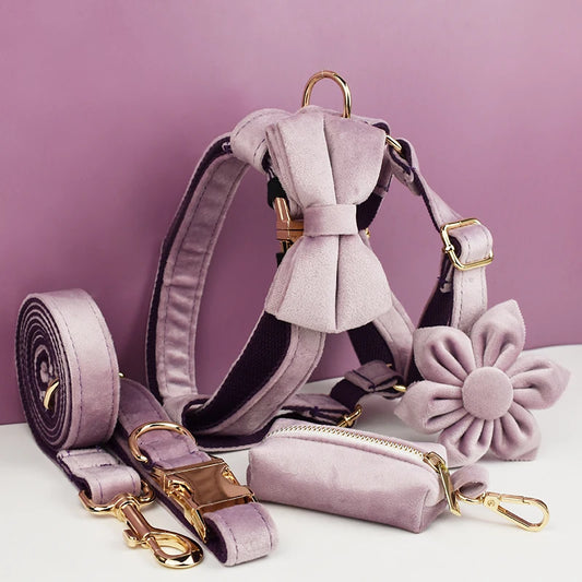 Light Purple Velvet Dog Collar And Leash Set - Custom Engraved Nameplate