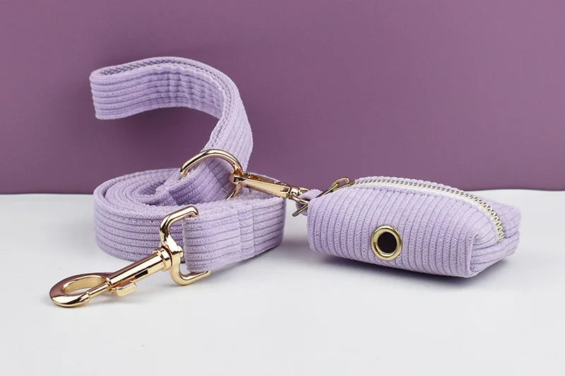 Purple Corduroy Pet Collar And Leash Set with Engraved Nameplate
