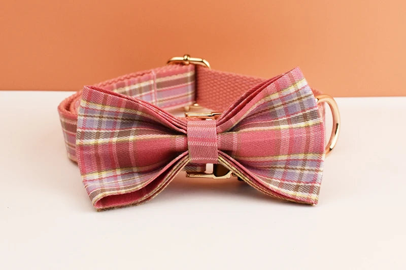 Plaid Pet Collar And Leash Set With Engraved Nameplate