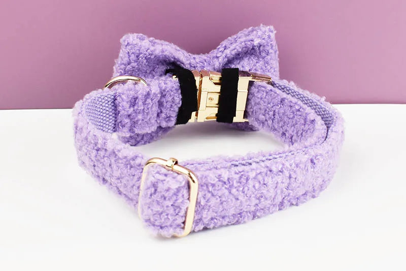 Purple Teddy Cotton Pet Collar And Leash Set with Engraved Nameplate