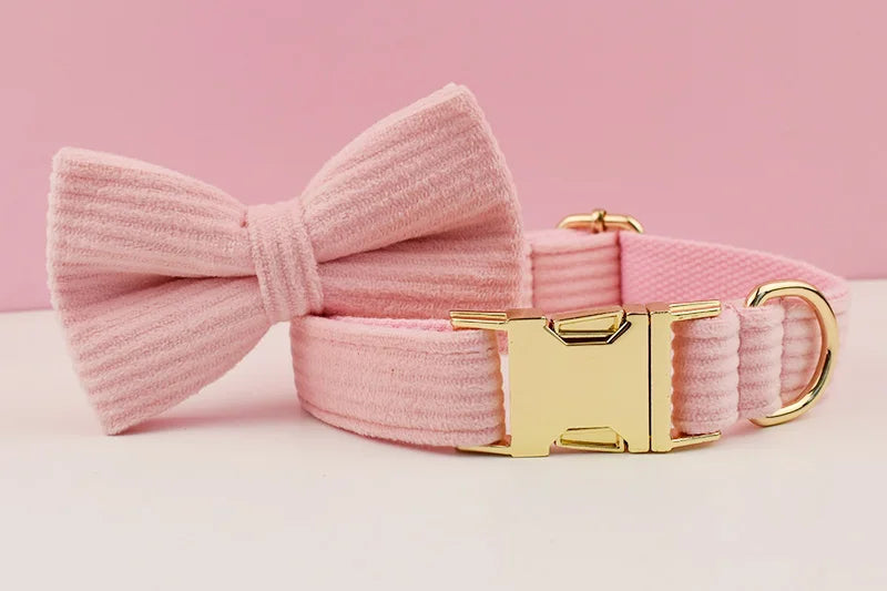 Pink Corduroy Pet Collar And Leash Set with Custom Engraved Nameplate