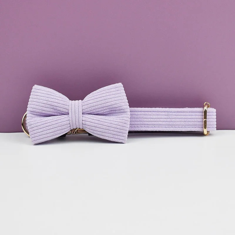 Purple Corduroy Pet Collar And Leash Set with Engraved Nameplate