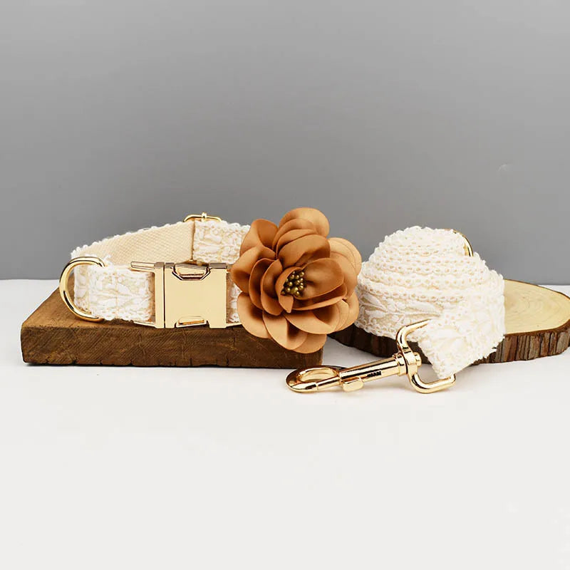 Beige Lace Personalized Fancy Wedding Pet Collar With Flower