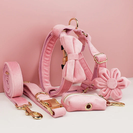 Pink Velvet Pet Collar & Leash Set with Custom Engraved Nameplate