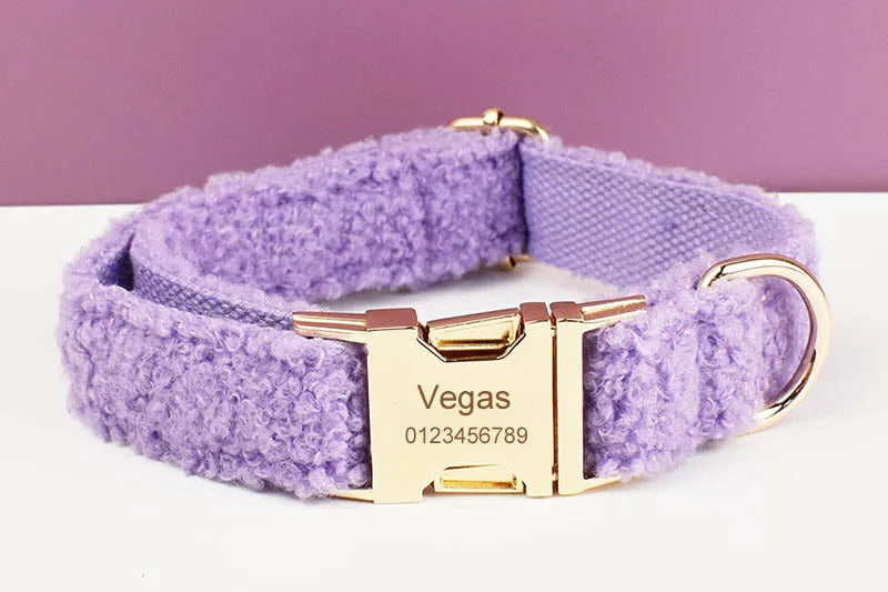 Purple Teddy Cotton Pet Collar And Leash Set with Engraved Nameplate