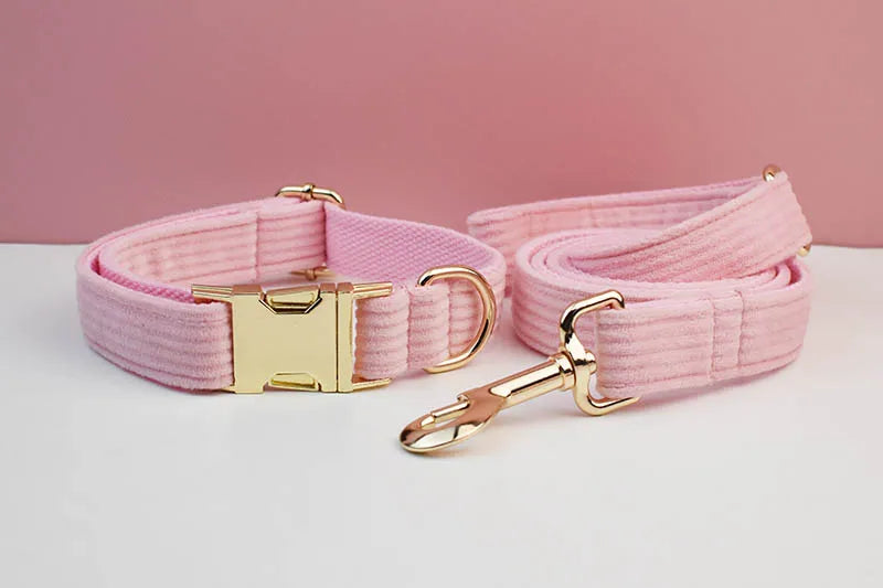 Pink Corduroy Pet Collar And Leash Set with Custom Engraved Nameplate