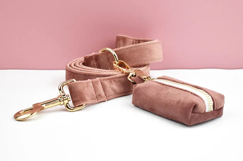 Dusty Pink Velvet Pet Collar And Leash Set with Nameplate