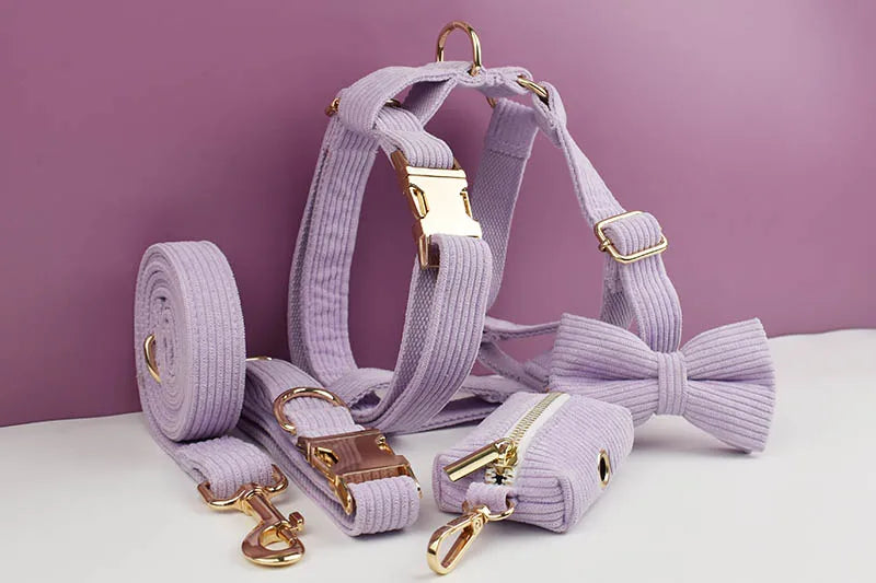 Purple Corduroy Pet Collar And Leash Set with Engraved Nameplate