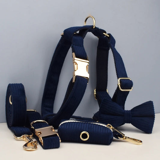 Deep Blue Corduroy Pet Collar And Leash Set