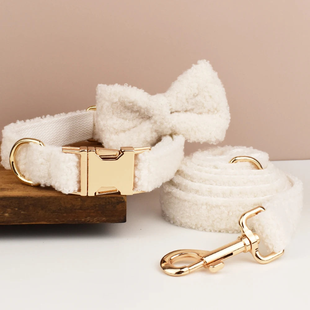 White Teddy Pet Collar & Harness Set With Custom Engraving
