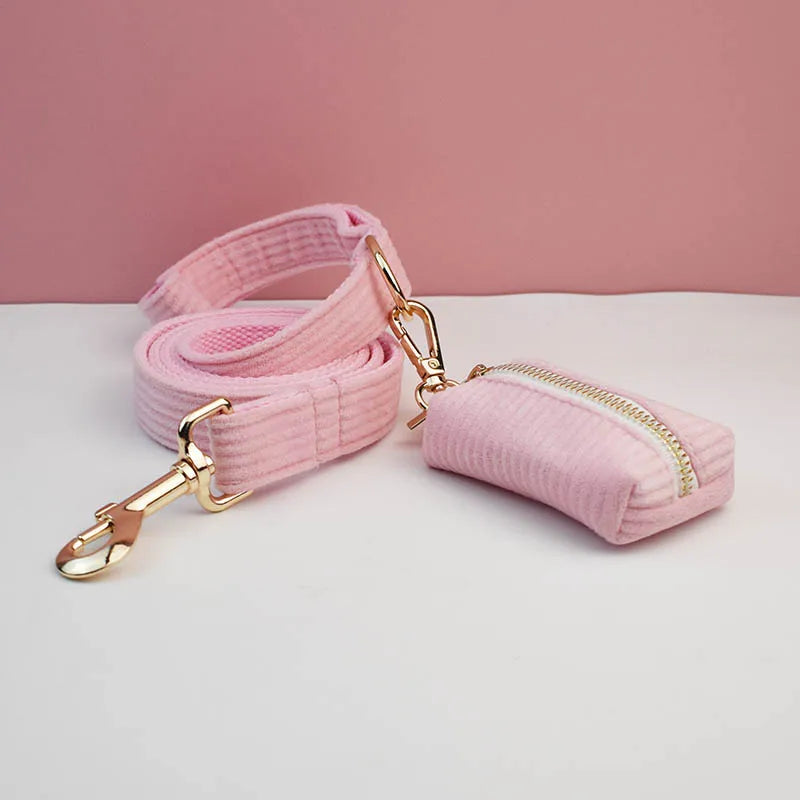 Pink Corduroy Pet Collar And Leash Set with Custom Engraved Nameplate