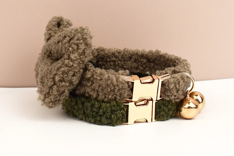 Teddy Fur Cat Collar With Bell Accessory - Custom Name Engraving