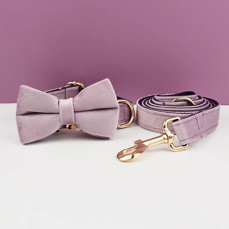 Light Purple Velvet Dog Collar And Leash Set - Custom Engraved Nameplate