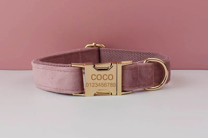 Purple Velvet Pet Collar And Leash Set With Custom Engraving