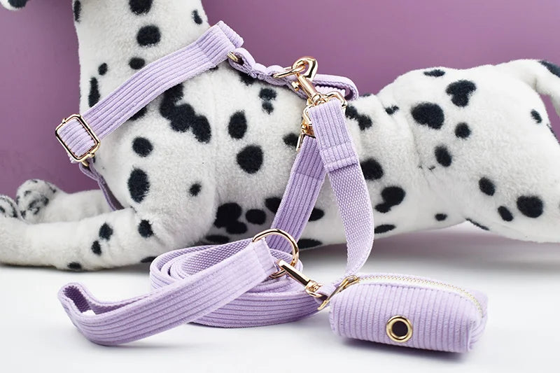 Purple Corduroy Pet Collar And Leash Set with Engraved Nameplate