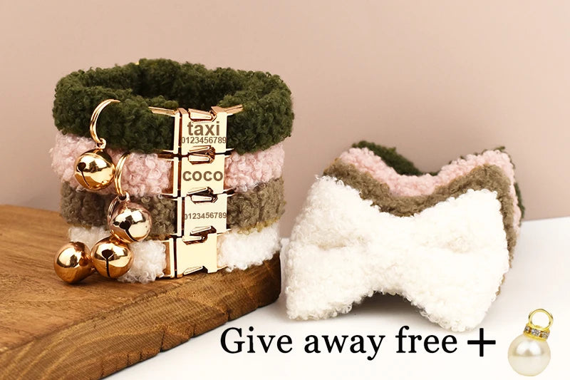 Teddy Fur Cat Collar With Bell Accessory - Custom Name Engraving