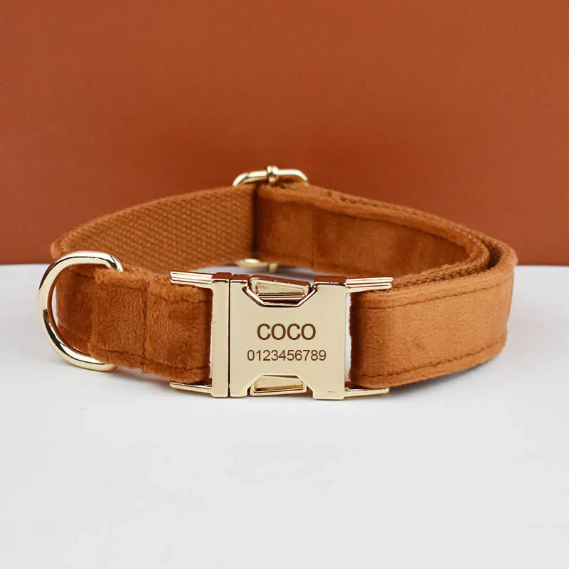 Tan Velvet Pet Collar And Leash Set - Custom Engraved Name