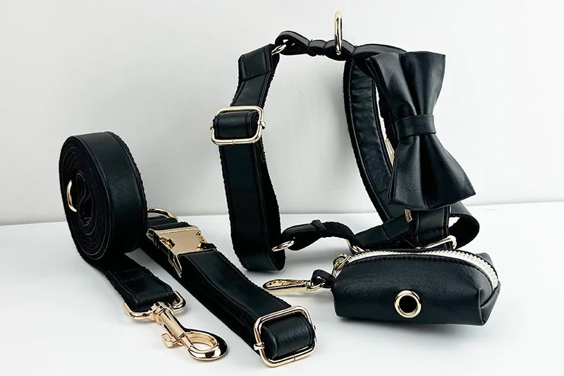 Black Leather Pet Collar And Leash Set With Custom Engraved Nameplate