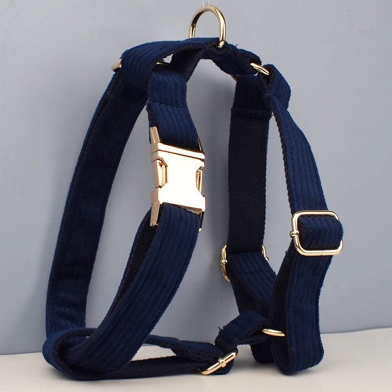 Deep Blue Corduroy Pet Collar And Leash Set