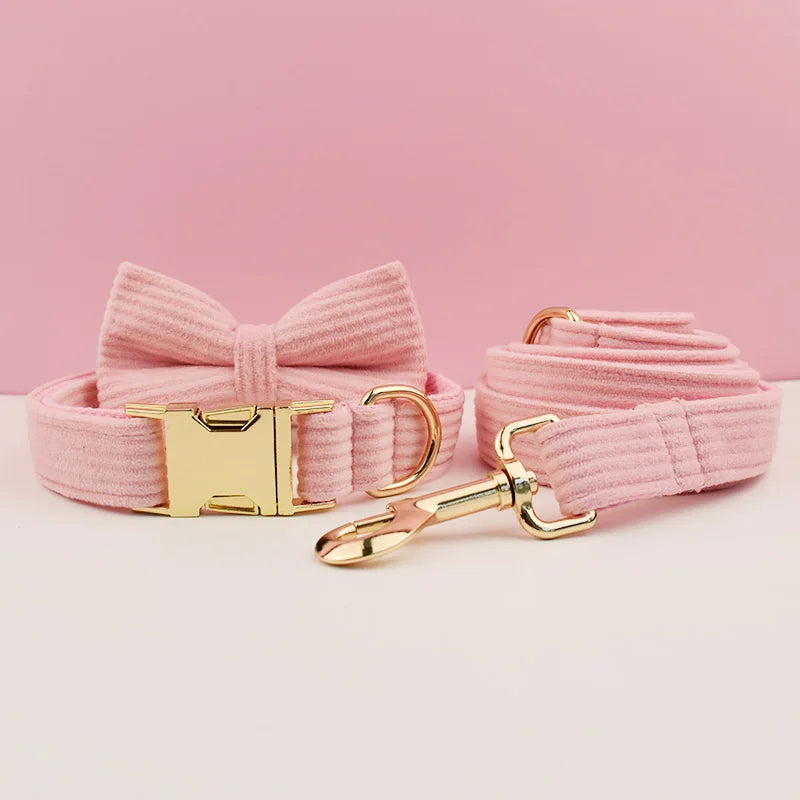Pink Corduroy Pet Collar And Leash Set with Custom Engraved Nameplate