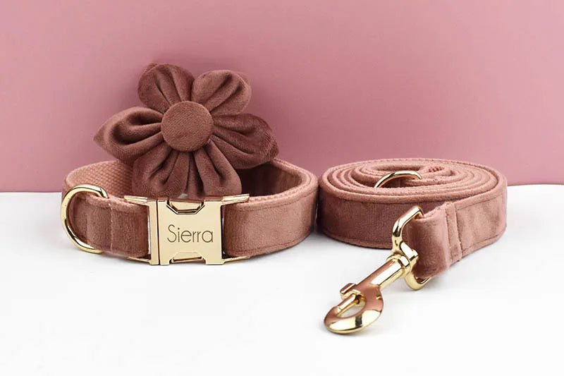 Dusty Pink Velvet Pet Collar And Leash Set with Nameplate