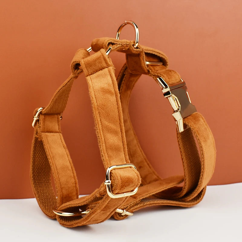 Tan Velvet Pet Collar And Leash Set - Custom Engraved Name