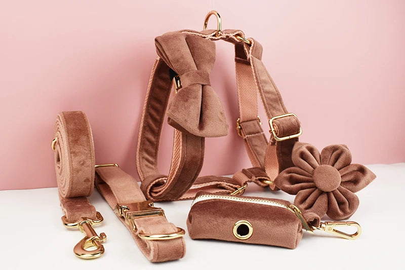 Dusty Pink Velvet Pet Collar And Leash Set with Nameplate