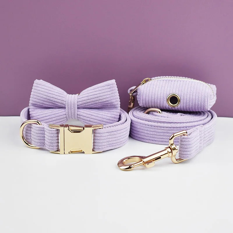 Purple Corduroy Pet Collar And Leash Set with Engraved Nameplate