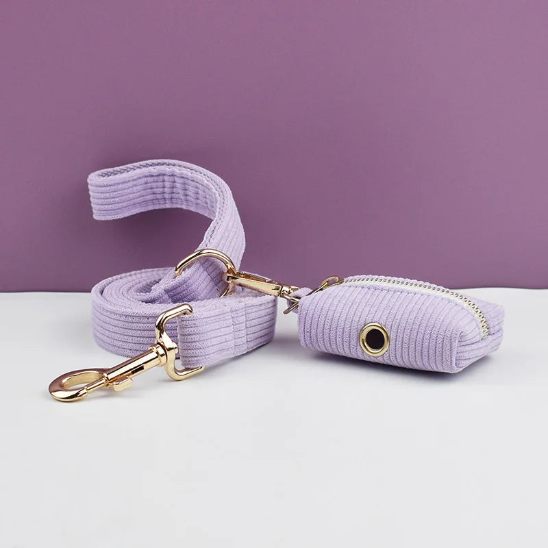 Purple Corduroy Pet Collar And Leash Set with Engraved Nameplate