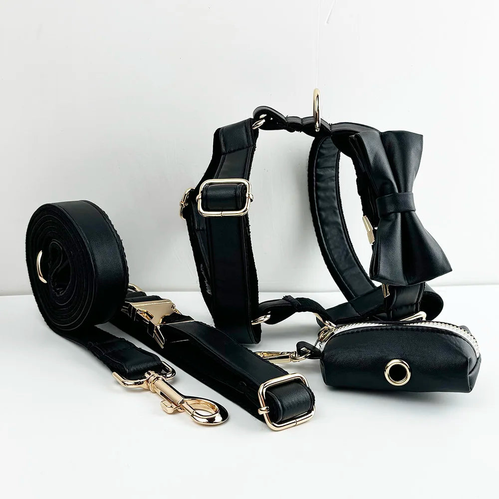 Black Leather Pet Collar And Leash Set With Custom Engraved Nameplate