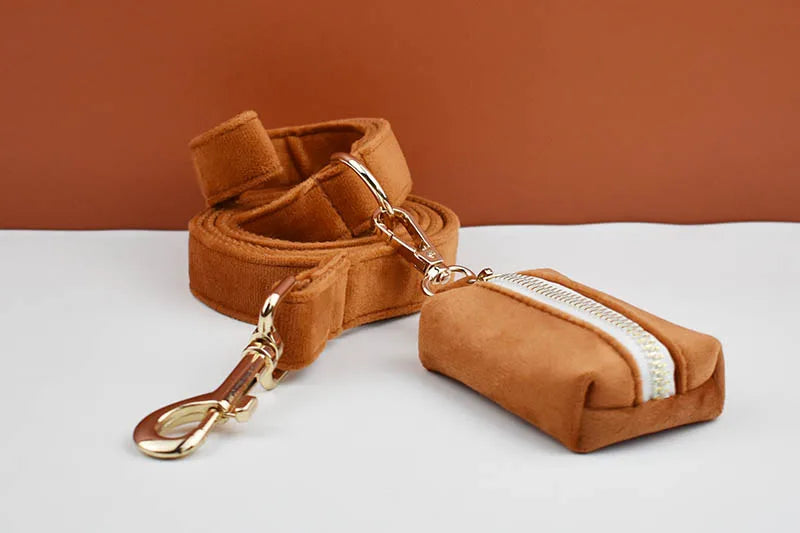 Tan Velvet Pet Collar And Leash Set - Custom Engraved Name