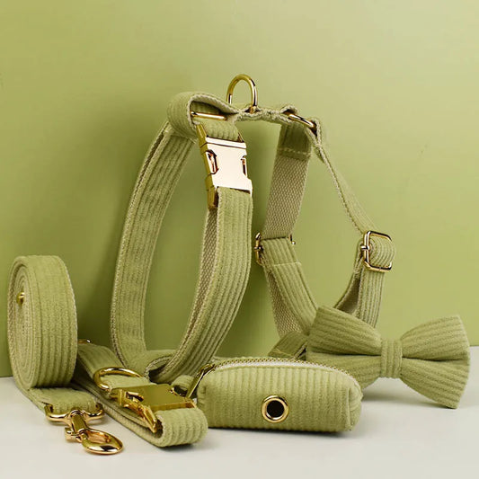Fruit Green Corduroy Pet Collar And Leash Set  - Engraved Nameplate