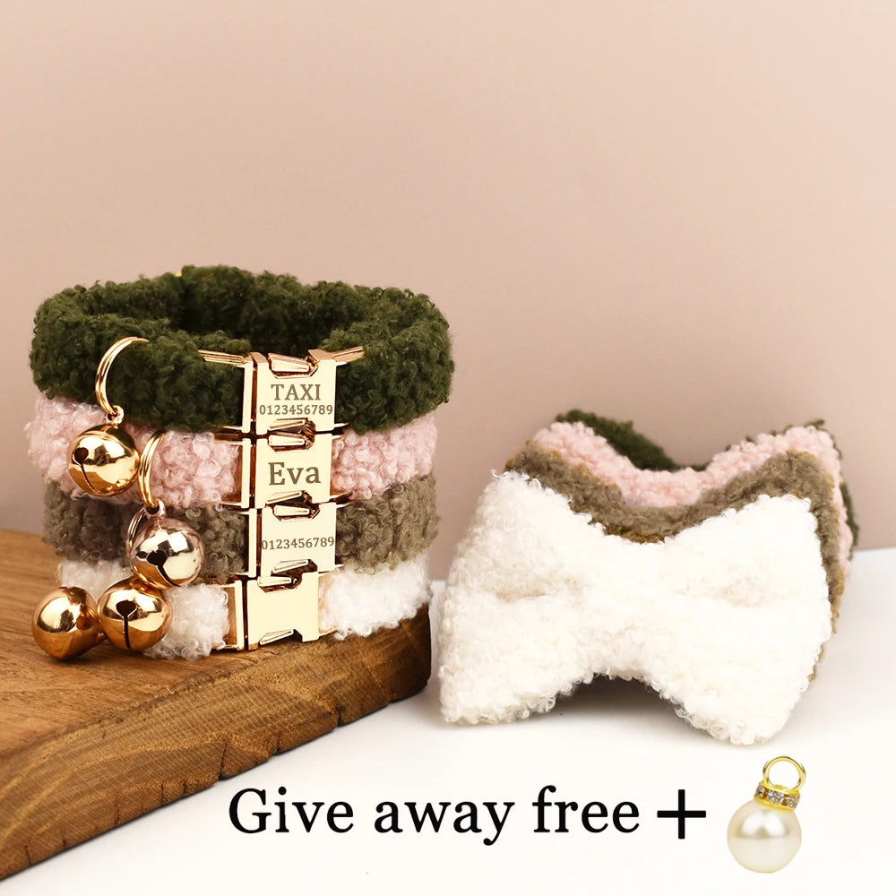 Teddy Fur Cat Collar With Bell Accessory - Custom Name Engraving