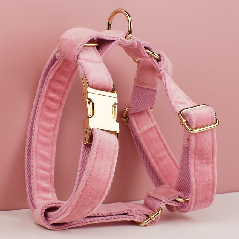 Pink Velvet Pet Collar & Leash Set with Custom Engraved Nameplate
