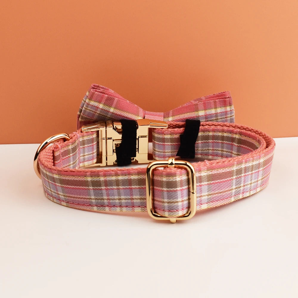 Plaid Pet Collar And Leash Set With Engraved Nameplate