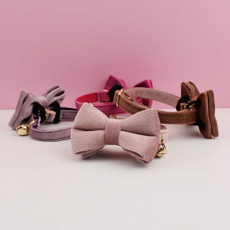 Velvet Cat Collar Bell & Bow Tie With Custom Engraving