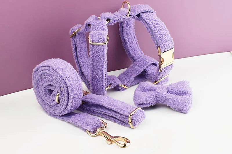 Purple Teddy Cotton Pet Collar And Leash Set with Engraved Nameplate