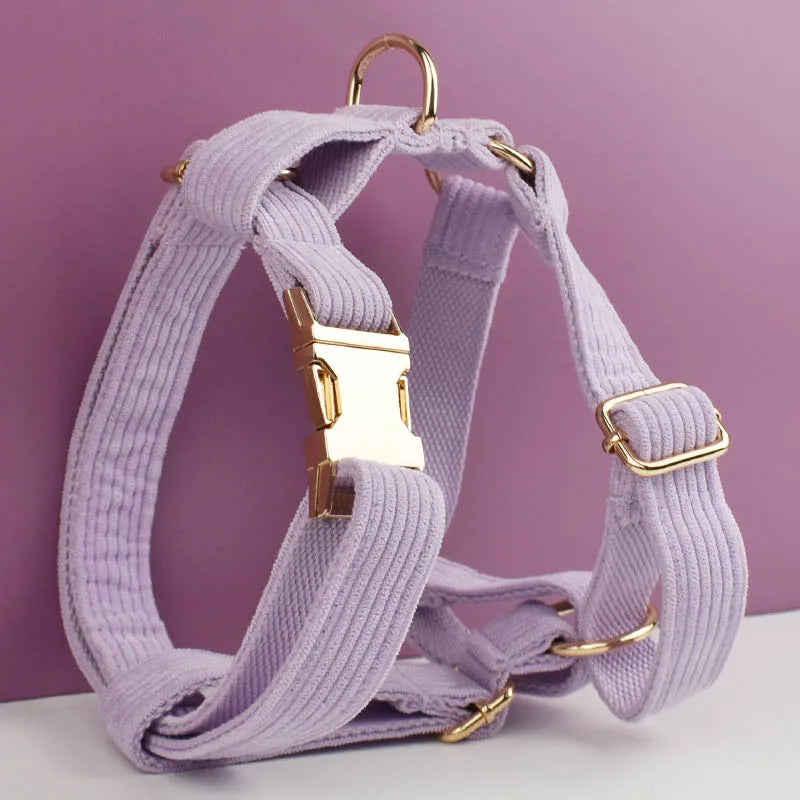 Purple Corduroy Pet Collar And Leash Set with Engraved Nameplate