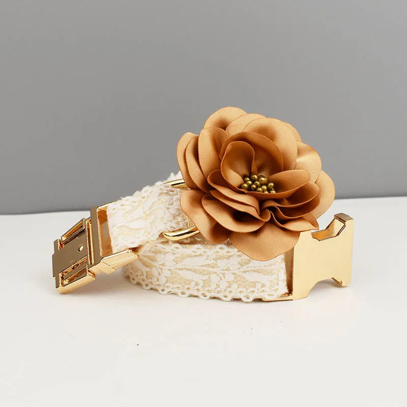 Beige Lace Personalized Fancy Wedding Pet Collar With Flower