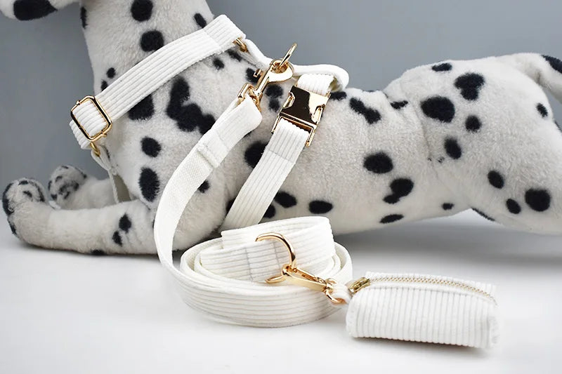 White Corduroy Pet Collar And Leash Set With Custom Engraved Nameplate