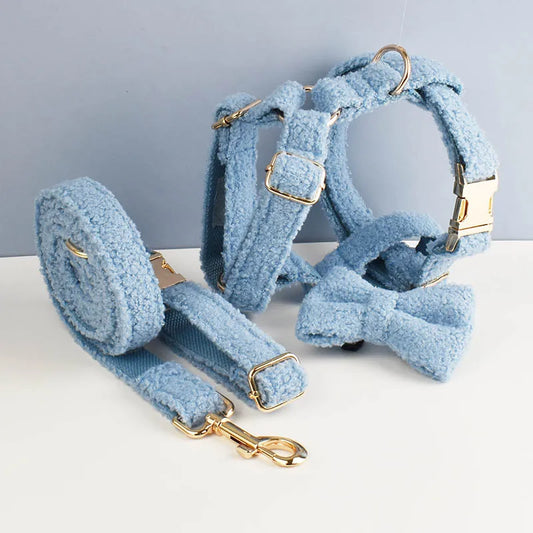 Baby Blue Teddy Pet Collar And Leash Set - Custom Engraved